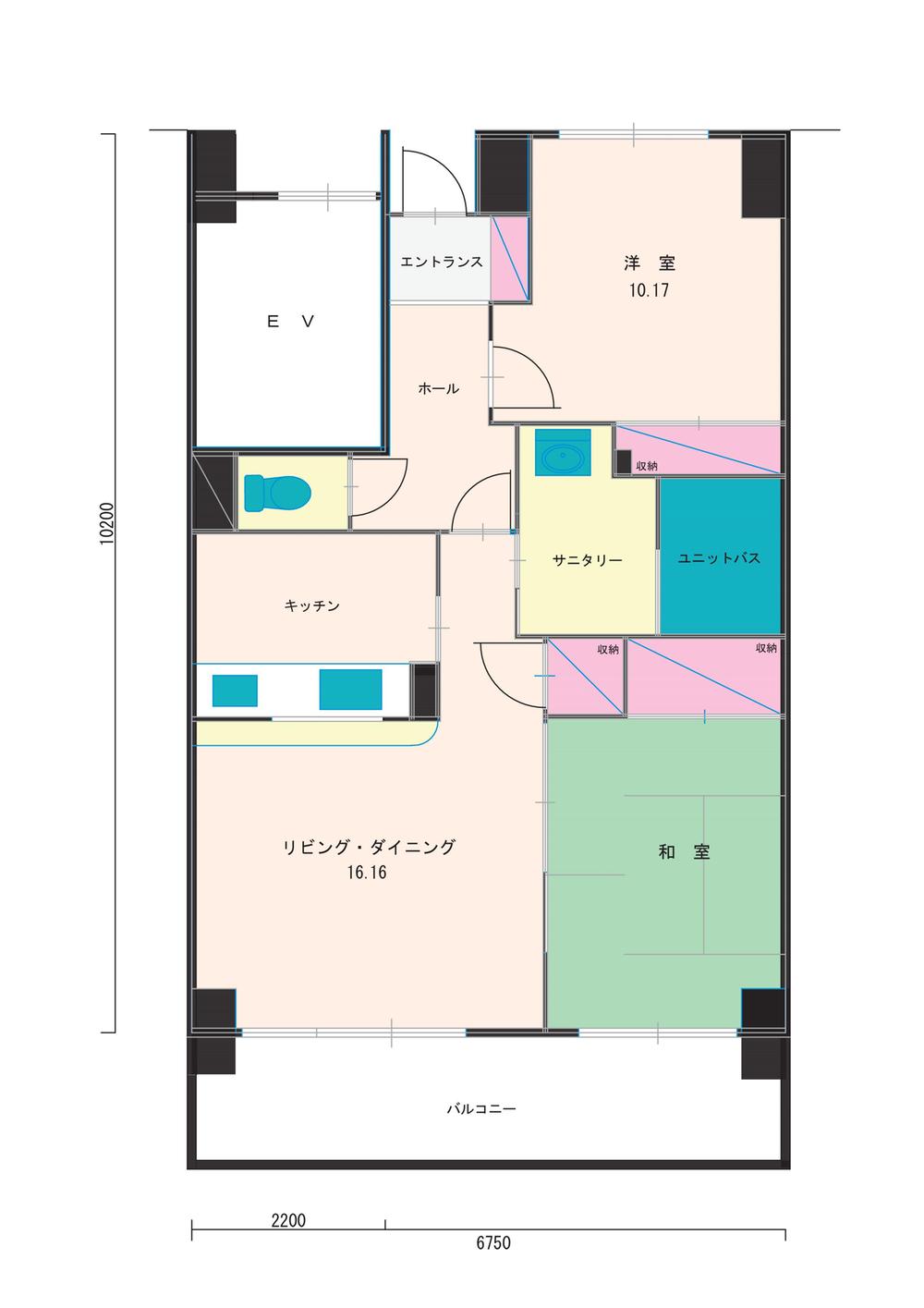 Floor plan. 2LDK, Price 9 million yen, Occupied area 56.39 sq m , Balcony area 7.09 sq m