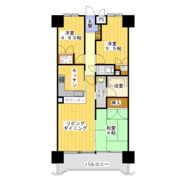 Floor plan. 3LDK, Price 12.9 million yen, Occupied area 61.96 sq m , Balcony area 8 sq m