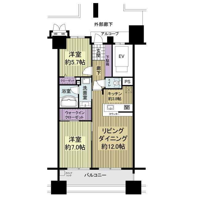 Floor plan. 2LDK, Price 19,800,000 yen, Occupied area 64.47 sq m , Balcony area 12.8 sq m