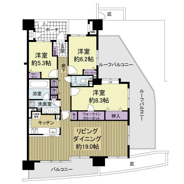 Floor plan. 3LDK, Price 31,800,000 yen, Occupied area 95.49 sq m , Balcony area 10.89 sq m