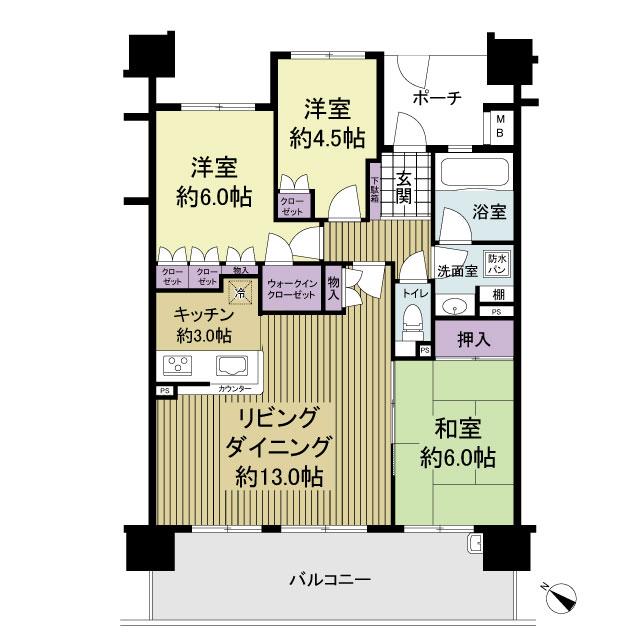 Floor plan. 3LDK, Price 22.5 million yen, Occupied area 70.76 sq m , Balcony area 15.6 sq m