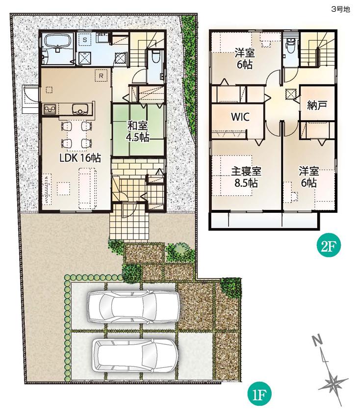 Floor plan.  [No. 3 place] So we have drawn on the basis of the Plan view] drawings, Plan and the outer structure ・ Planting, such as might actually differ slightly from.  Also, furniture ・ Consumer electronics ・ Car, etc. are not included in the price.  WIC = walk-in closet