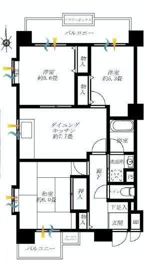 Floor plan. 3LDK, Price 13,900,000 yen, Footprint 57 sq m , Balcony area 9.84 sq m