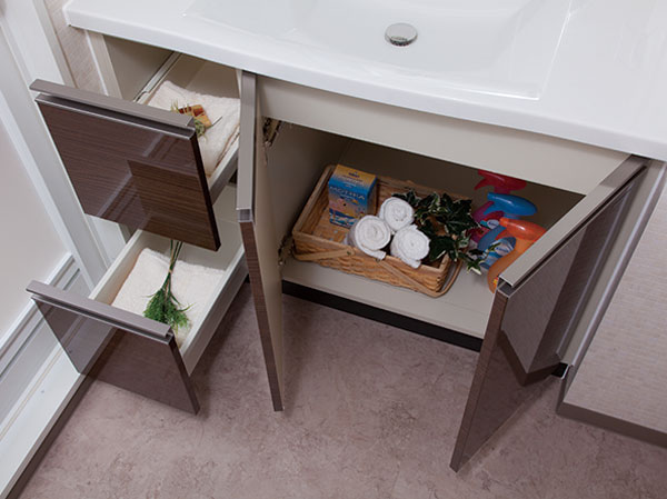 Bathing-wash room.  [Basin storage] Since the counter lower portion is provided with a pull-out storage with hinged door, It is very convenient can be stored, such as stockpiles for each use.