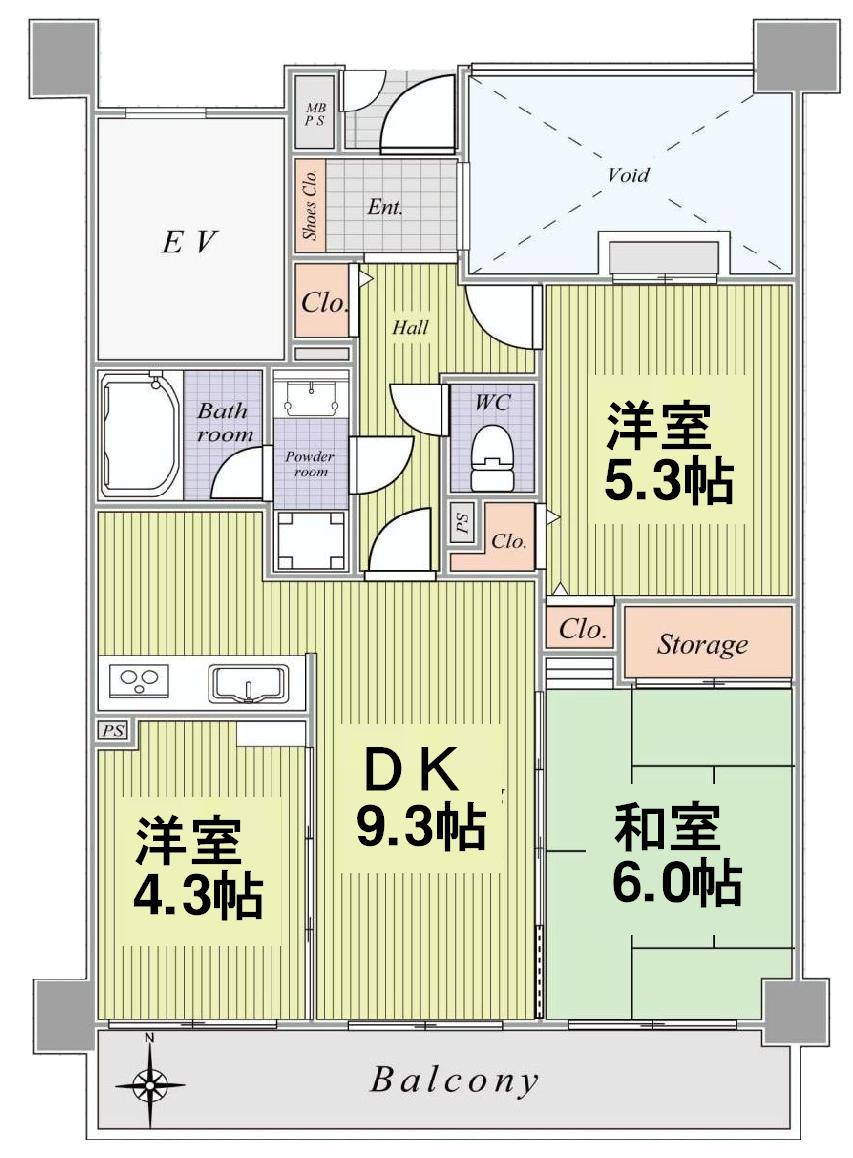 Floor plan. 3DK, Price 18.9 million yen, Occupied area 57.15 sq m , Balcony area 8.64 sq m