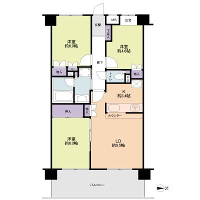 Floor plan. 3LDK, Price 26,800,000 yen, Occupied area 66.15 sq m , Balcony area 12.6 sq m