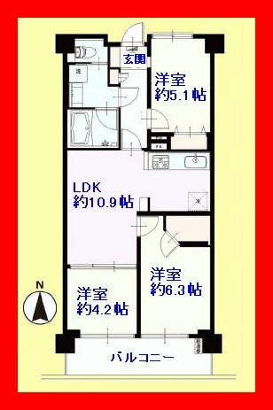 Floor plan. 3LDK, Price 24,900,000 yen, Occupied area 58.99 sq m , Balcony area 8.1 sq m Furnished