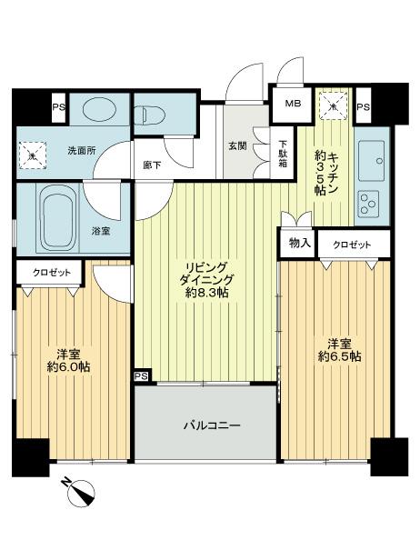 Floor plan. 2LDK, Price 24,900,000 yen, Occupied area 57.23 sq m , View is good because it is a corner dwelling units of the balcony area 4.95 sq m 6 floor