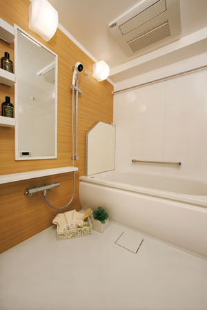 Bathing-wash room.  [Bathroom in pursuit of healing and functional beauty] Reheating from hot water clad in one remote control switch, Features such as automatically perform Otobasu function warmth.
