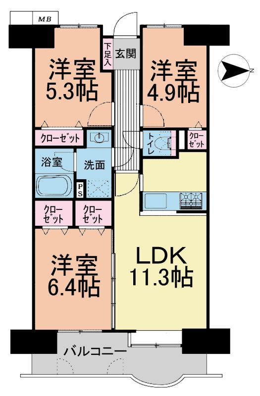 Floor plan. 3LDK, Price 19.9 million yen, Occupied area 61.57 sq m , Balcony area 9.22 sq m