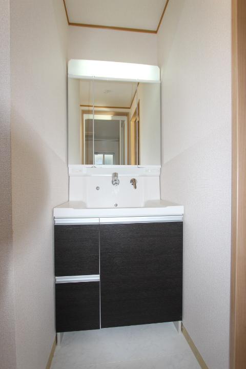 Wash basin, toilet. Vanity is, The adoption convenient three-sided mirror type in, such as shaving makeup and beard. Storage of Kagamiura has become a convenient cabinet shelves to store small items. Indoor (12 May 2013) Shooting