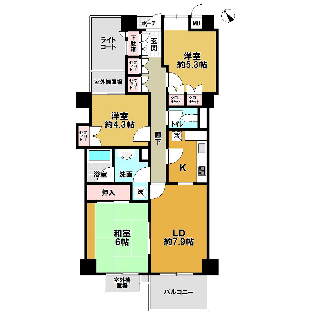 Floor plan. 3LDK, Price 15.8 million yen, Occupied area 67.23 sq m , Balcony area 5.4 sq m is a quiet residential area good per yang