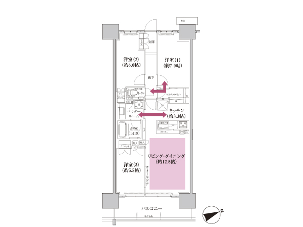  ■ EE type / 3LD ・ K + MC footprint / 74.63 sq m balcony area / 10.62 sq m  ※ MC = multi closet (two-way)