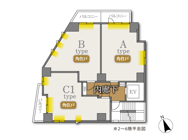 Shared facilities.  [All houses corner dwelling unit, Bright two-sided lighting space]  ※ Second floor ~ 6-floor plan view