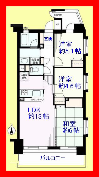 Floor plan. 3LDK, Price 22,900,000 yen, Occupied area 62.82 sq m , Balcony area 13.96 sq m southeast angle room
