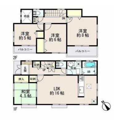 Floor plan. 39,800,000 yen, 4LDK, Land area 102.09 sq m , Momentum is also talk of family in the building area 96.05 sq m face-to-face kitchen Each Western-style is also widely ensure