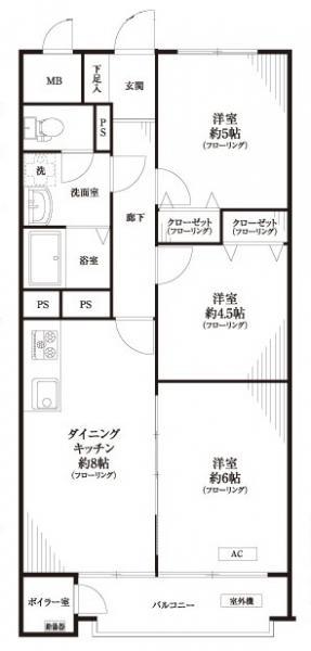 Floor plan. 3DK, Price 12.8 million yen, Occupied area 59.08 sq m , Balcony area 5.04 sq m