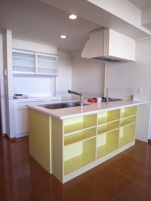 Kitchen. Under-counter has become a convenient shelf. Cupboard (cupboard)