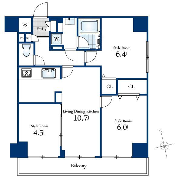 Floor plan. 3LDK, Price 25,900,000 yen, Footprint 60 sq m , Bright 3LDK type on the balcony area 7.3 sq m wide balcony.