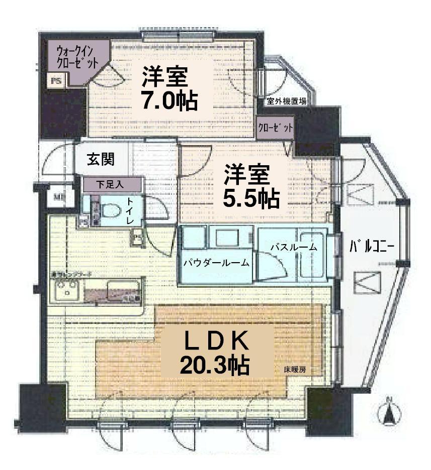 Floor plan. 2LDK, Price 34,800,000 yen, Occupied area 71.06 sq m , Balcony area 8.02 sq m
