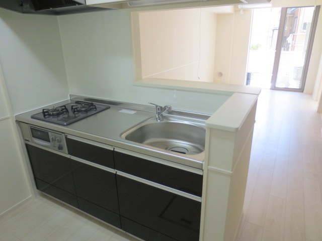 Kitchen. Door in the system kitchen hanging shelf and the lower receiving with gas two-burner grill