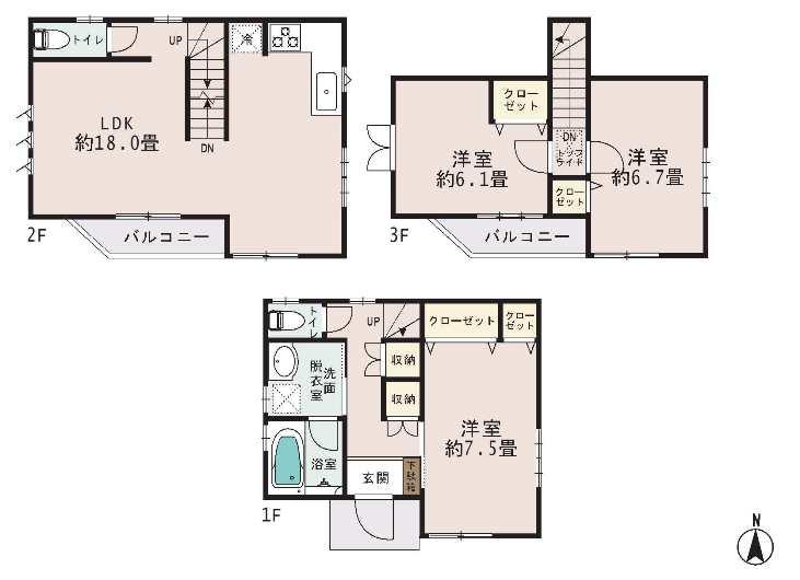 Floor plan. (1 Building), Price 33,800,000 yen, 3LDK, Land area 60.01 sq m , Building area 94 sq m
