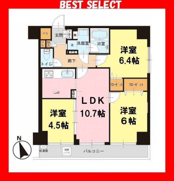 Floor plan. 3LDK, Price 25,900,000 yen, Footprint 60 sq m , In floor plan with a balcony area 7.3 sq m all rooms daylight, The Sumida River and Sky tree visible from the day the ventilation is good south-facing wide balcony