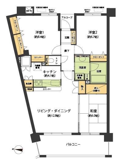Floor plan. 3LDK, Price 34 million yen, Occupied area 83.88 sq m , Balcony area 12.92 sq m