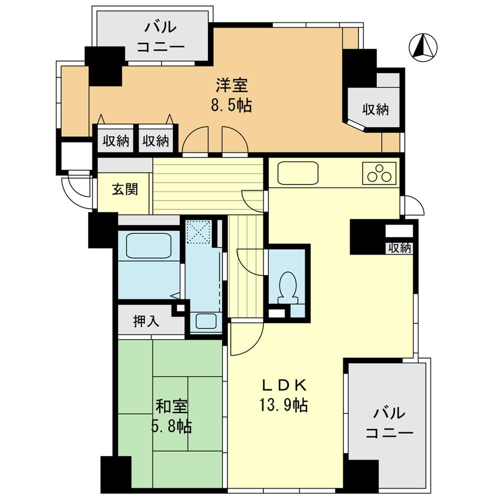 Floor plan. 2LDK, Price 17,750,000 yen, Occupied area 66.48 sq m , Day is good on the balcony area 8.76 sq m east north and south of the three-way angle dwelling unit.