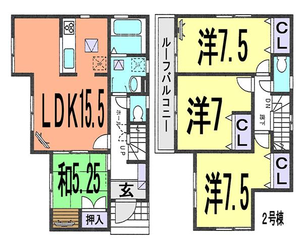 Floor plan. (Building 2), Price 34,800,000 yen, 4LDK, Land area 104.17 sq m , Building area 99.36 sq m
