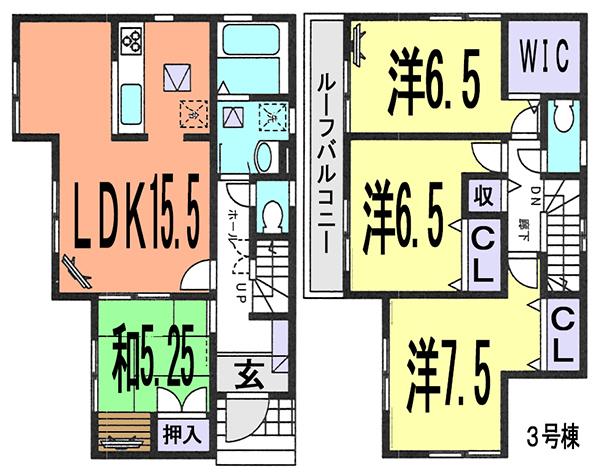 Floor plan. (3 Building), Price 34,800,000 yen, 4LDK, Land area 104.16 sq m , Building area 99.36 sq m