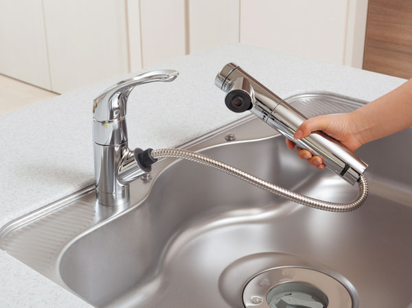 Kitchen.  [Water purifier integrated hand shower faucet] Established an integrated water purifier of saving space in the kitchen. Head part is easy to wash hand shower specification up to the corner of the sink.  ※ Cartridge replacement will cost extra.