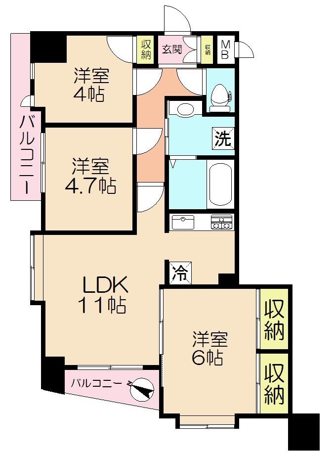 Floor plan. 3LDK, Price 18,990,000 yen, Occupied area 57.91 sq m , Balcony area 7.13 sq m