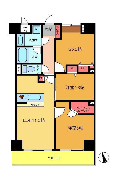 Floor plan. 2LDK+S, Price 28,300,000 yen, Occupied area 62.72 sq m , Balcony area 8.96 sq m south-facing 62.72m2! 2SLDK!