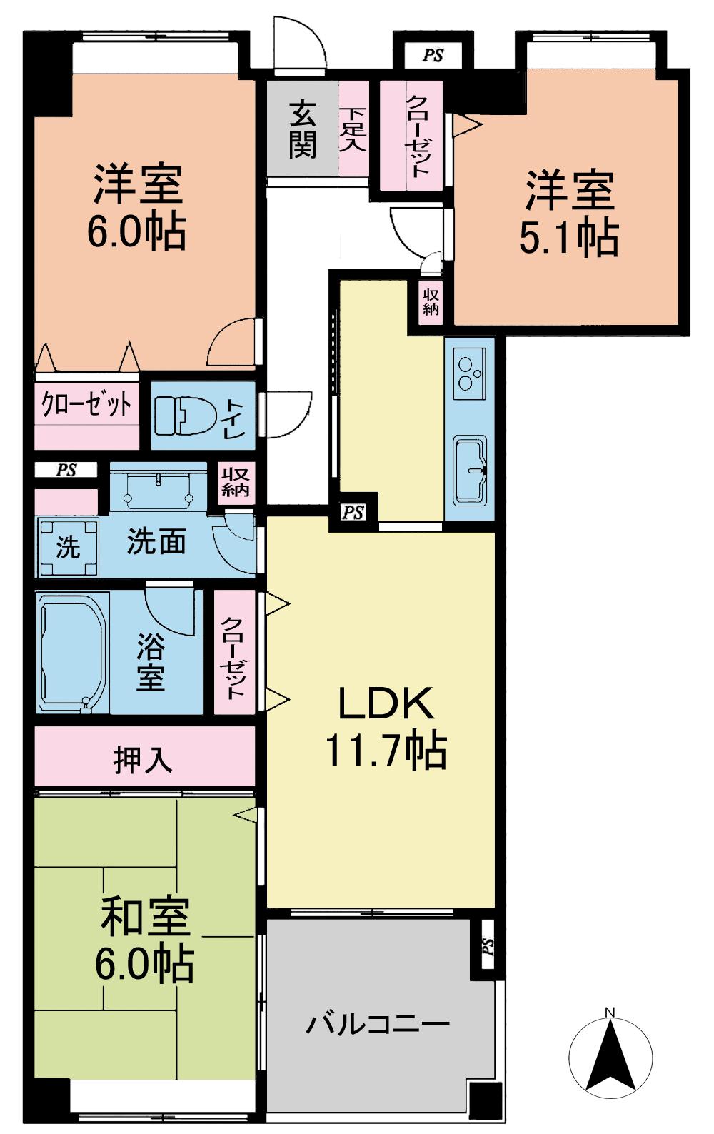 Floor plan. 3LDK, Price 27,900,000 yen, Occupied area 68.93 sq m , Balcony area 6.24 sq m