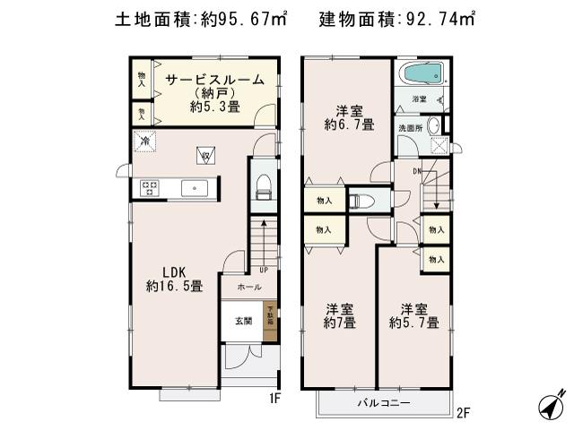 Floor plan. 26,800,000 yen, 3LDK + S (storeroom), Land area 95.67 sq m , Building area 92.74 sq m floor plan