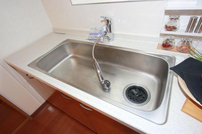 Kitchen. Shower faucet with a wide sink