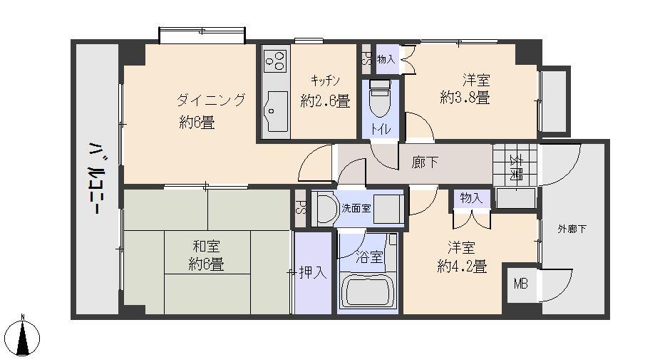 Floor plan. 3DK, Price 15.8 million yen, Occupied area 54.52 sq m , Balcony area 5.4 sq m