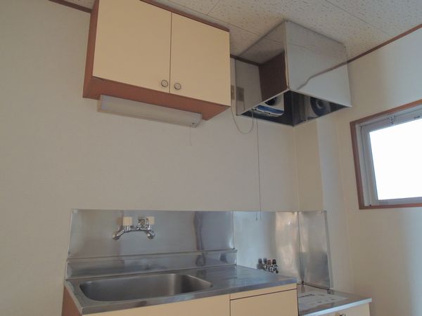 Kitchen. Kitchener also compact, which was also attached hanging cupboard with a minimum of equipment