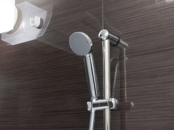 Bathing-wash room.  [Slide bar shower head] Bathroom shower, Design of metallic stuck to the luxury and cleanliness. A slide bar shower head the height of the shower can be adjusted.