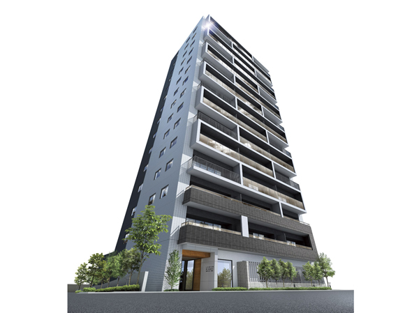 Features of the building.  [Exterior - Rendering] As sophisticated dwelling becomes a stage of urban life, Produce a modern look. The design of the tower shape which extends to the sky, Such as the adoption and sharp appearance outer wall tiles nestled on the balcony glass panel and monotone. On the other hand the main entrance part, such as using the door of woodgrain, Also taking into account a well-balanced high-quality healing elements.