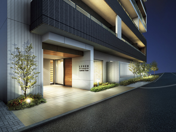 Features of the building.  [Entrance Rendering] Wait on the other side of this entrance, As if to symbolize the life of sophistication, We designed the stylish entrance. Wrapped in a gentle light if both night, Step by step to the home, Joy to follow the approach. Leeway of design to have a depth from the road, Carousel exudes the flavor of fine mansion.