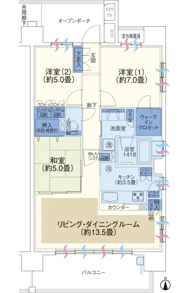 C type 3LDK + WIC (walk-in closet) Occupied area / 77.45 sq m  Balcony area / 12.48 sq m  Outdoor unit yard area / 1.33 sq m  Open porch area / 7.65 sq m