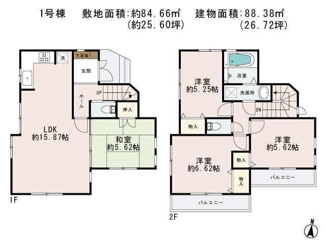 Floor plan. (1 Building), Price 32,800,000 yen, 4LDK, Land area 84.66 sq m , Building area 88.38 sq m