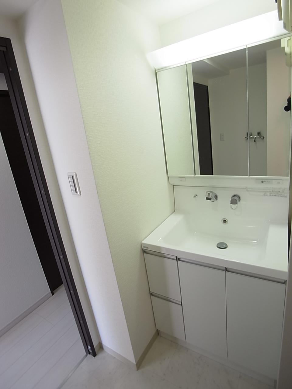 Wash basin, toilet. Vanity of the three-sided mirror housing is pat!