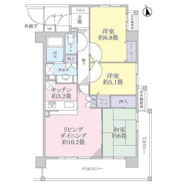 Floor plan. 3LDK, Price 26,800,000 yen, Occupied area 70.03 sq m , Balcony area 16.44 sq m 5 floor, Yang per per southeast corner room ・ View ・ Ventilation good!
