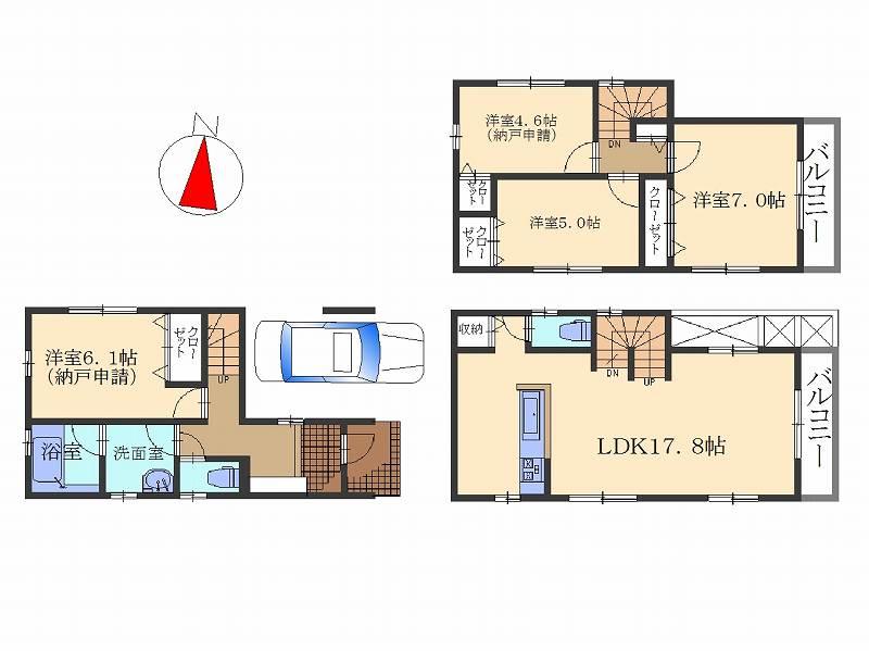 Floor plan. (B Building), Price 34,800,000 yen, 2LDK+2S, Land area 59.87 sq m , Building area 104.27 sq m