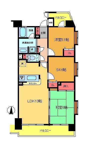 Floor plan. 2LDK+S, Price 22,900,000 yen, Occupied area 62.82 sq m , Balcony area 13.96 sq m southeast angle room! Facing south! 2SLDK!