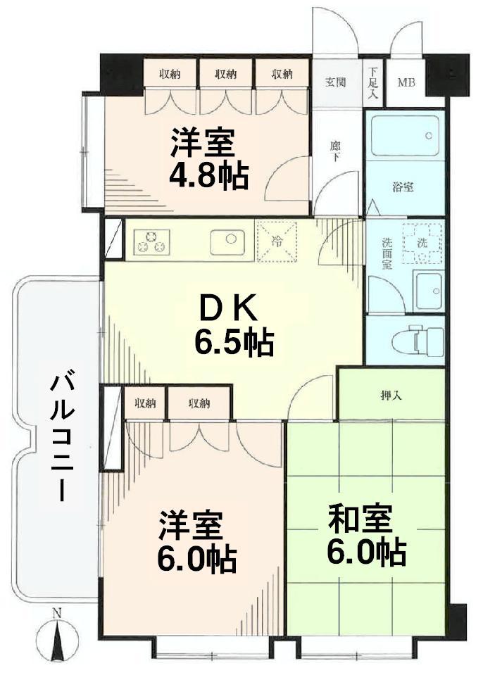 Floor plan. 3DK, Price 18,800,000 yen, Occupied area 55.86 sq m , Balcony area 7.52 sq m