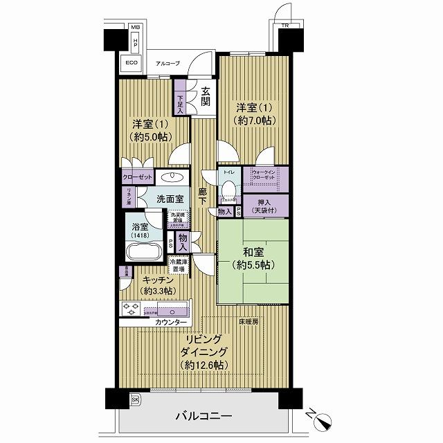 Floor plan. 3LDK, Price 39,900,000 yen, Occupied area 76.39 sq m , Balcony area 11.52 sq m